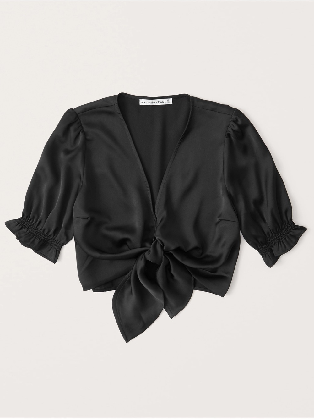 Abercrombie & Fitch Black Satin Tie-Front Puff Sleeve Top
